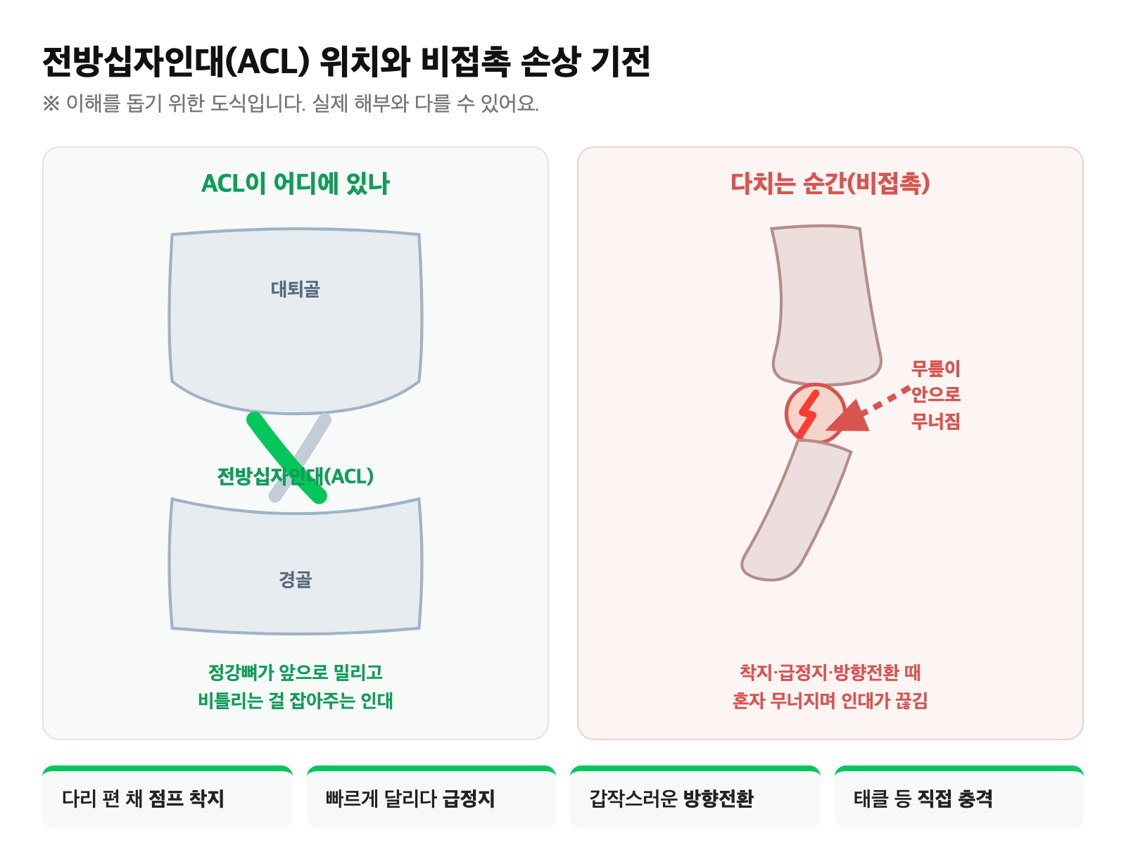 전방십자인대(ACL) 위치와 비접촉 손상 기전 도식