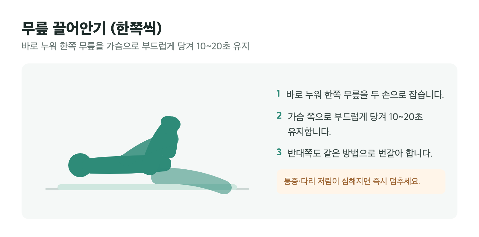 바로 누워 한쪽 무릎을 두 손으로 잡아 가슴 쪽으로 당기는 무릎 끌어안기 스트레칭 동작 일러스트