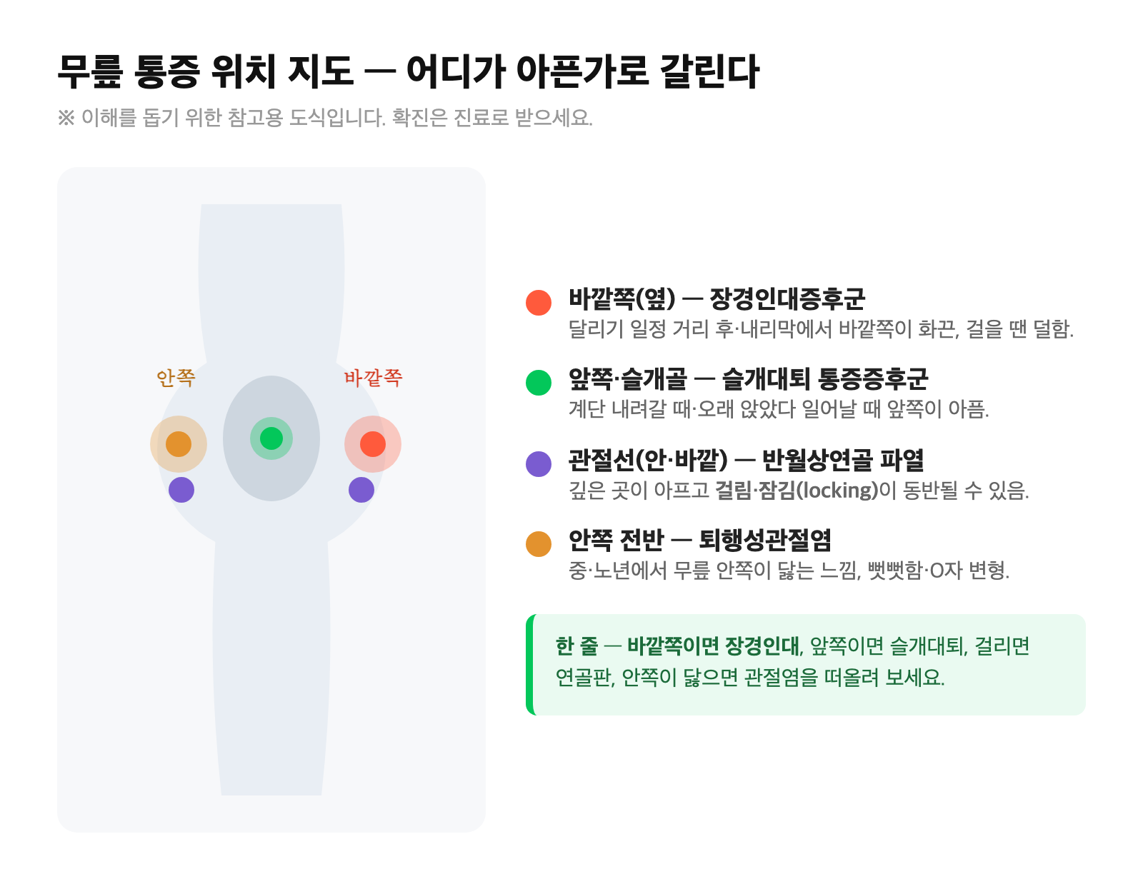 무릎 통증 위치 지도 — 바깥쪽(장경인대) vs 앞쪽 슬개골(슬개대퇴) vs 관절선(연골판) vs 안쪽 전반(관절염)을 무릎 그림 위에 표시한 비교 도식