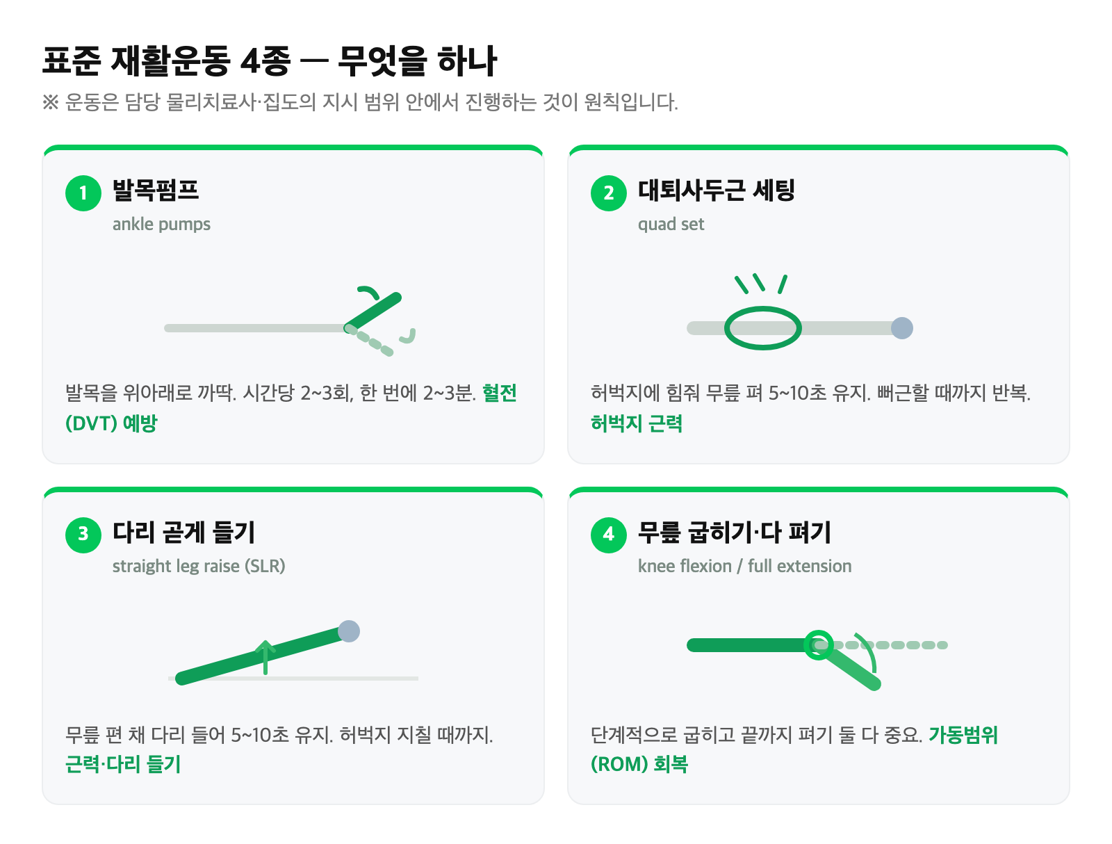인공관절 수술 후 표준 재활운동 4종 발목펌프·대퇴사두근 세팅·다리 곧게 들기·무릎 굽히기와 완전신전을 그림으로 정리한 인포그래픽