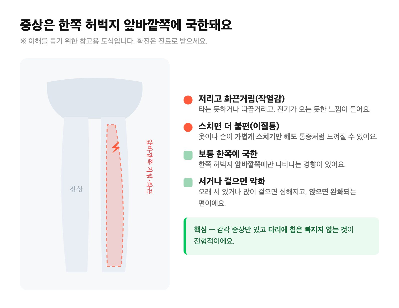 한쪽 허벅지 앞바깥쪽에 저림·화끈거림이 국한되어 나타나는 부위를 표시한 도식