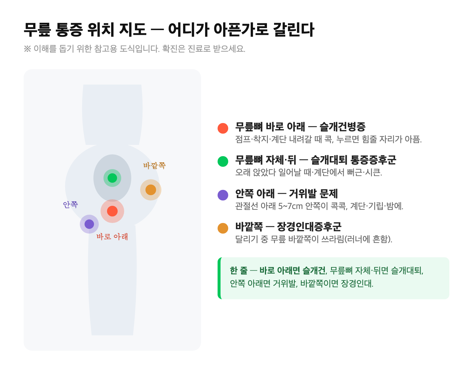 무릎 통증 위치 지도 — 무릎뼈 바로 아래(슬개건병증)·무릎뼈 자체·뒤(슬개대퇴)·안쪽 아래(거위발)·바깥쪽(장경인대) 네 자리를 색으로 구분한 비교 도식
