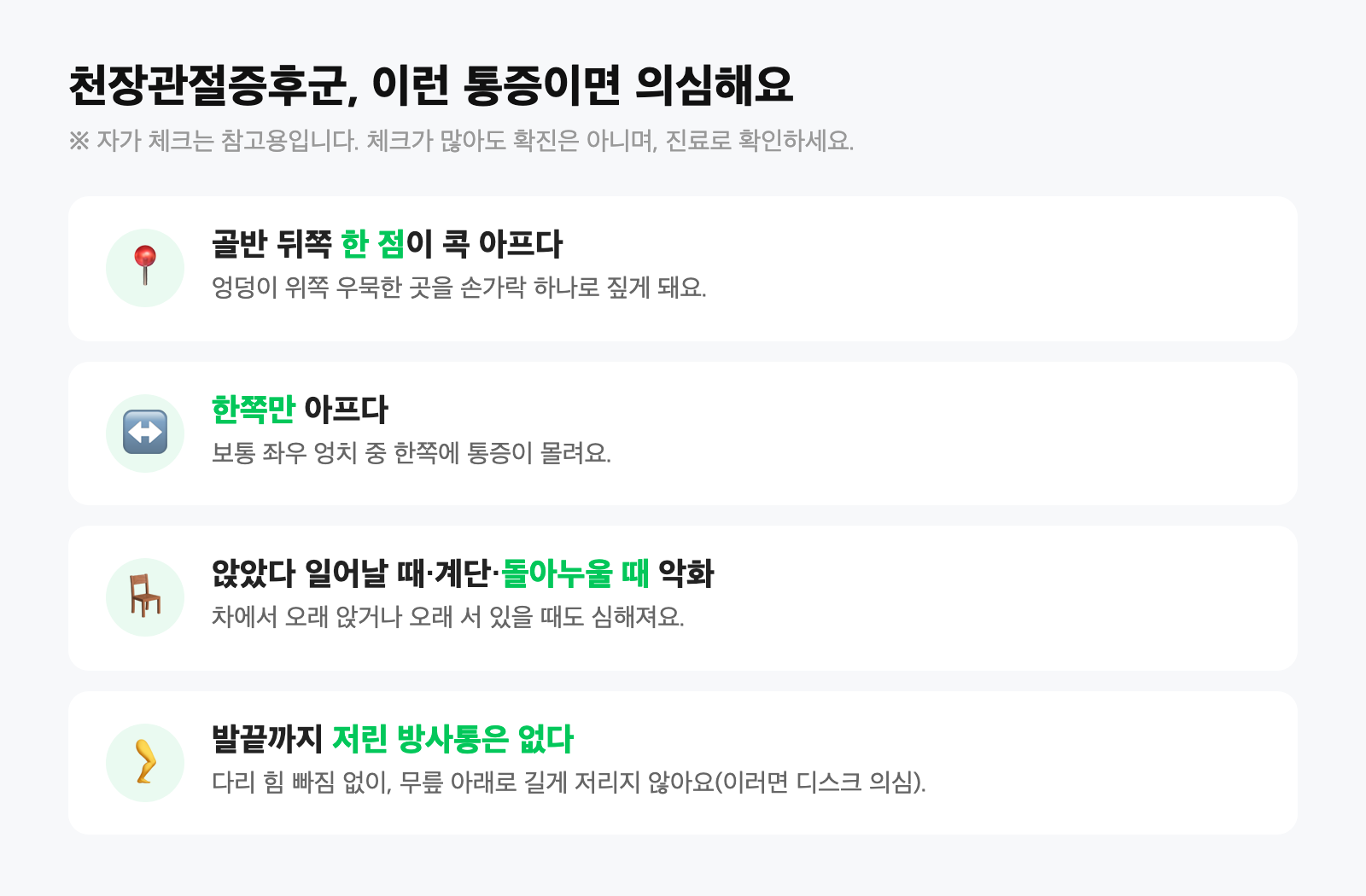 천장관절증후군 통증 패턴 자가체크 카드 — 골반 뒤쪽 한 점 통증, 한쪽만, 앉았다 일어날 때·계단·돌아누울 때 악화, 발끝까지 저린 방사통 없음
