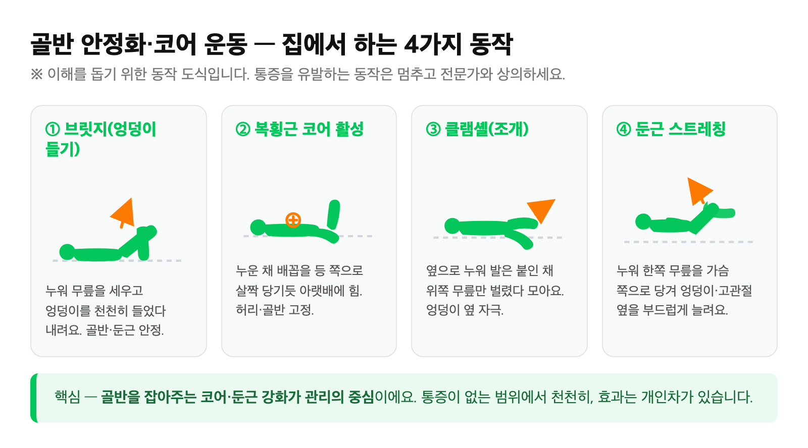 골반 안정화·코어 운동 4가지 동작 — 브릿지, 복횡근 코어 활성, 클램셸, 둔근 스트레칭 도식