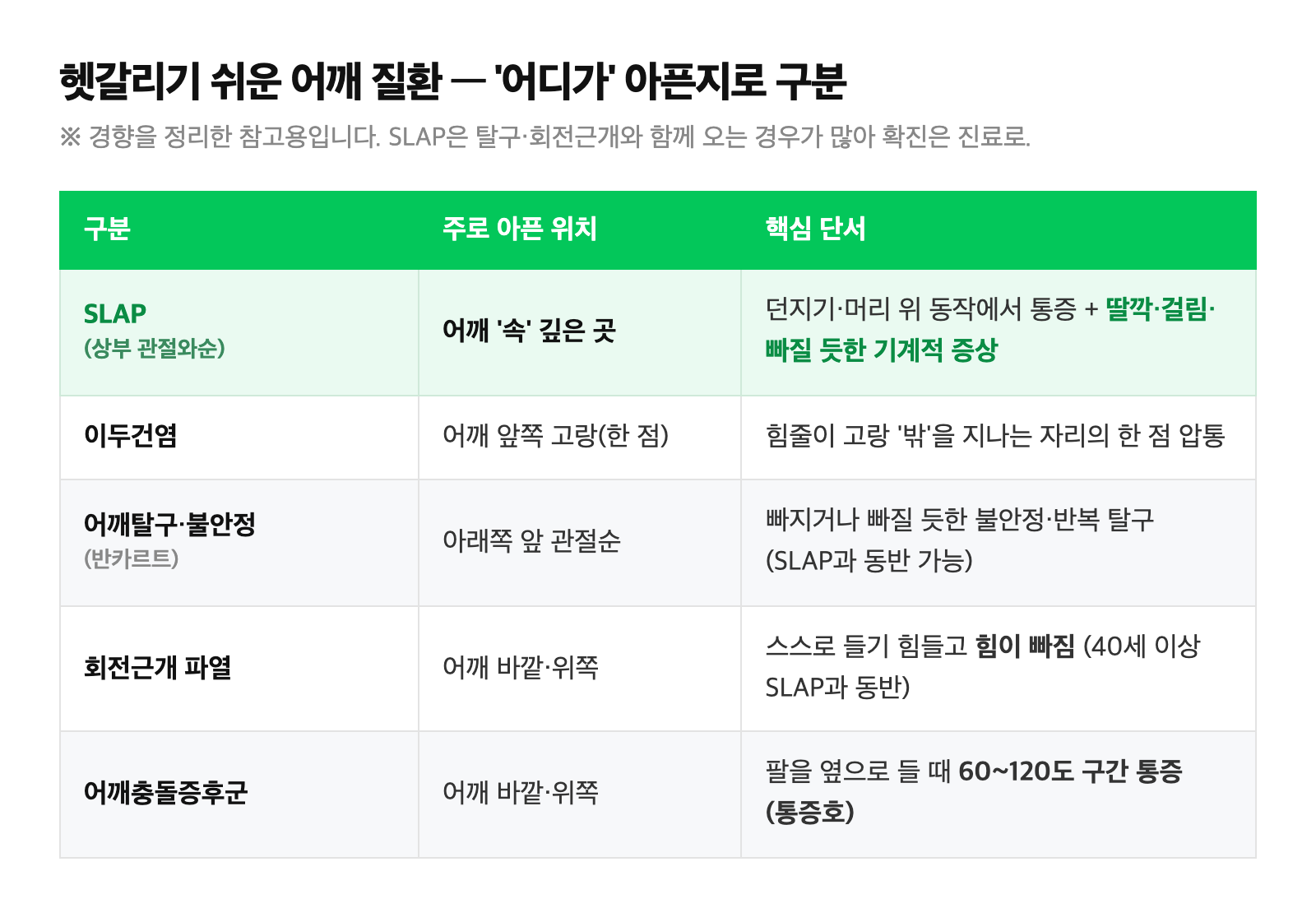 SLAP(상부 관절순)·이두건염(앞쪽 고랑)·어깨탈구(아래앞 관절순, 반카르트)·회전근개 파열·어깨충돌증후군의 통증 위치와 특징을 비교한 정리 표