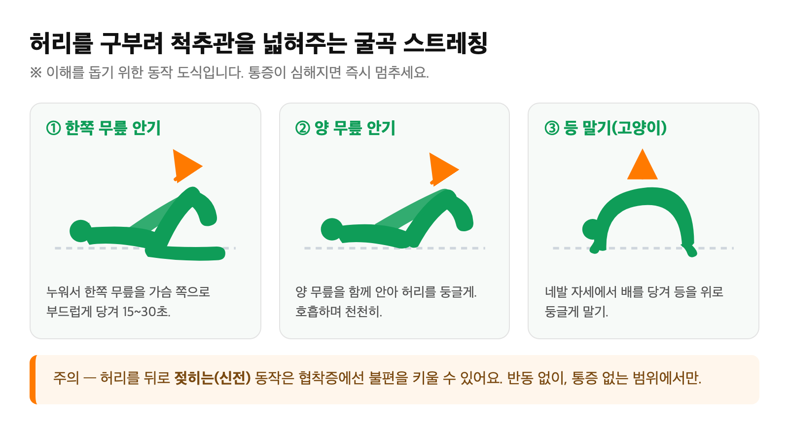 허리를 구부려 척추관을 넓혀주는 굴곡 스트레칭 동작 — 한쪽 무릎 안기, 양 무릎 안기, 등 말기(고양이 자세)